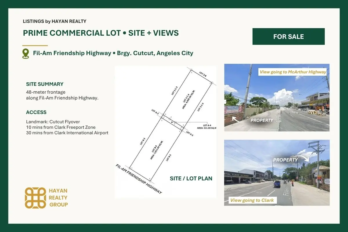 Site plan and road views toward Clark and McArthur Highway from commercial property in Angeles City