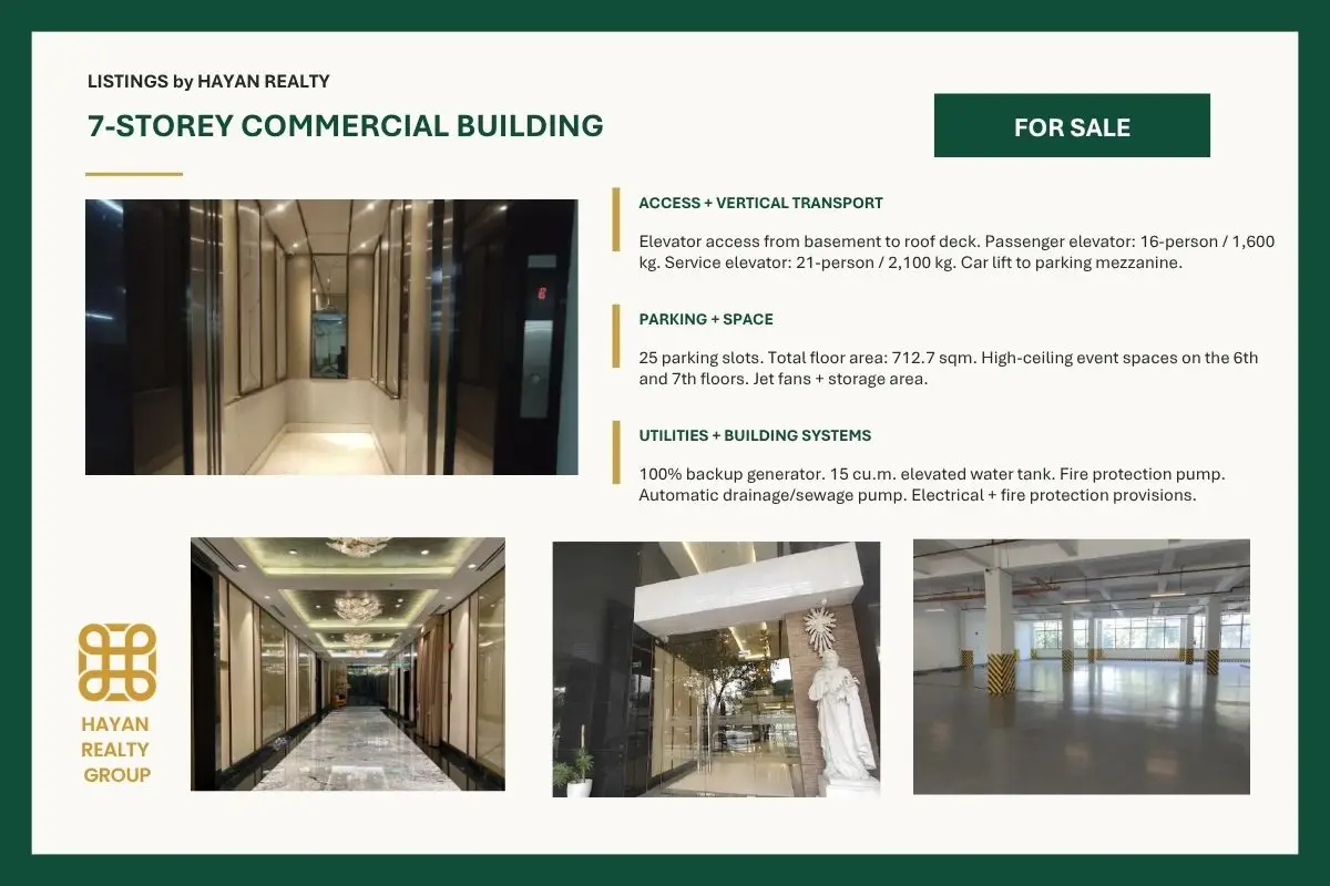 Elevator, hallway, entrance, and parking areas inside commercial building in Magallanes, Makati