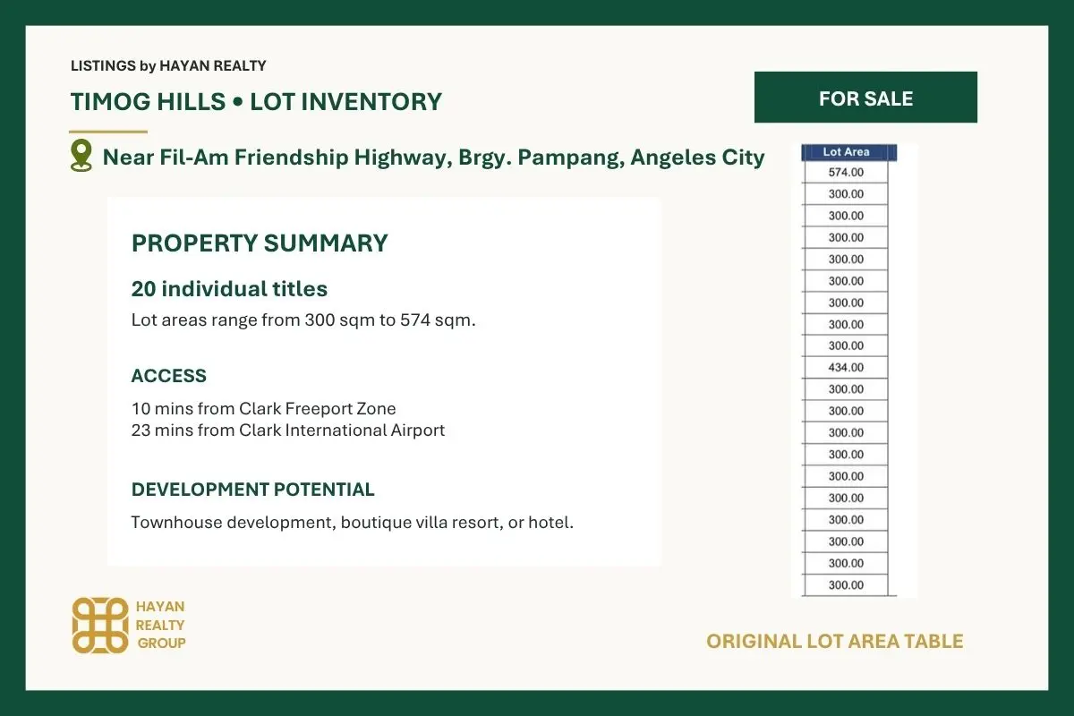 Timog Hills lot inventory showing 20 individually titled parcels ranging from 300 to 574 sqm
